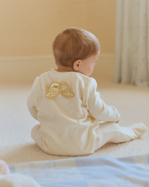 Angel Wing Gold Velour Sleepsuit in Cream