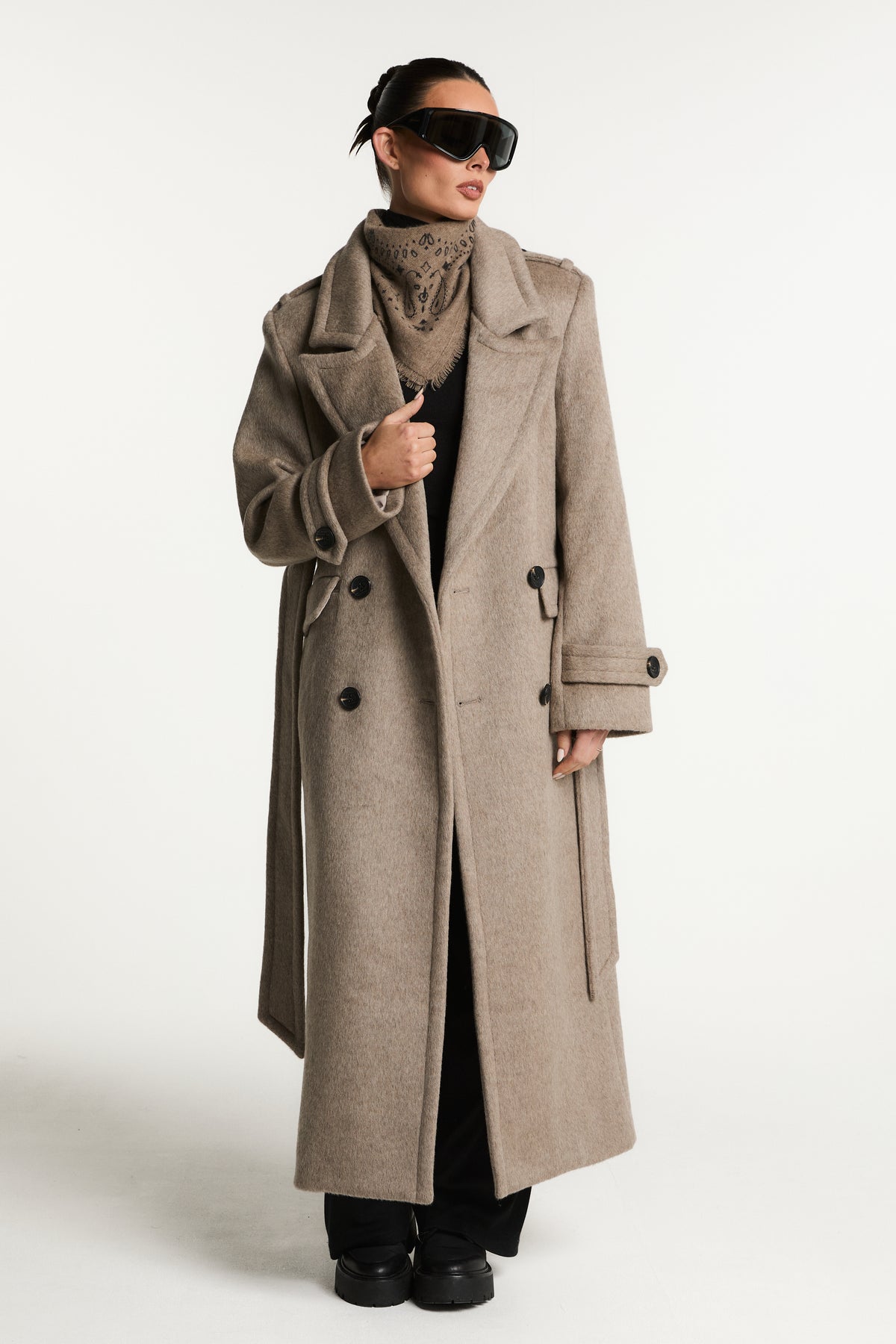 Rochelle Double Breasted Wool Coat with Belt Tie