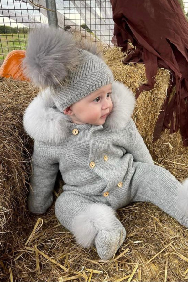Baby Grey Double Raccoon Fur Pom Pom Hat