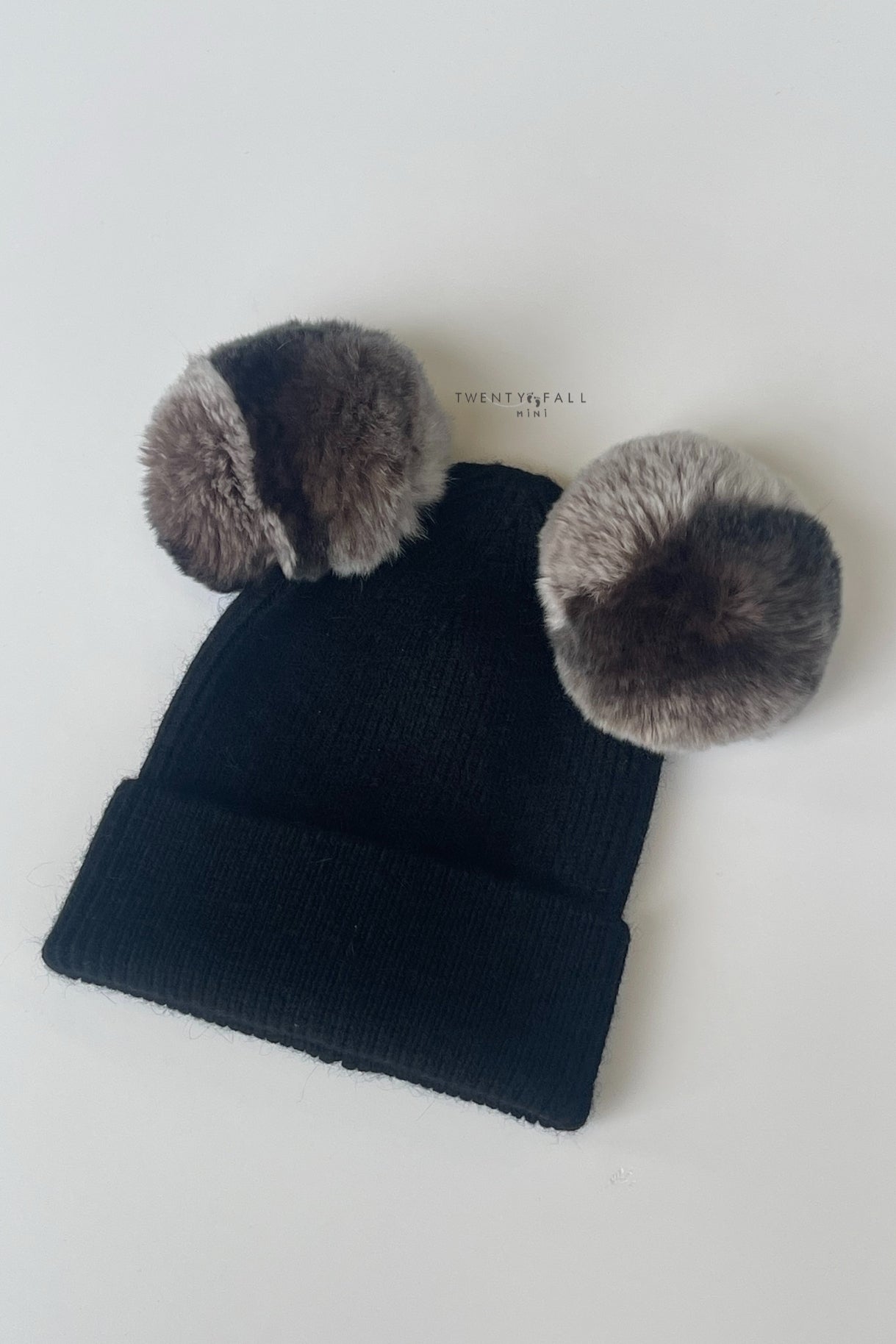 Black Double Rex Fur Pom Pom Hat