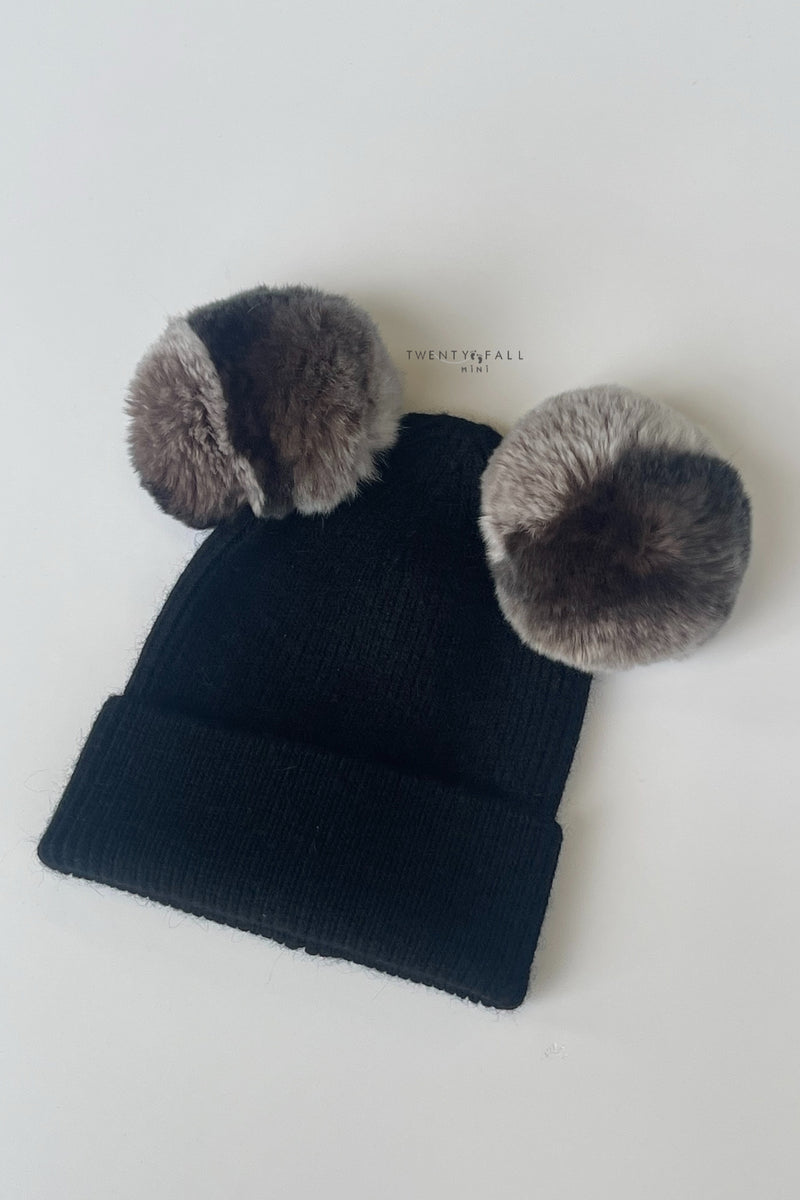 Black Double Rex Fur Pom Pom Hat