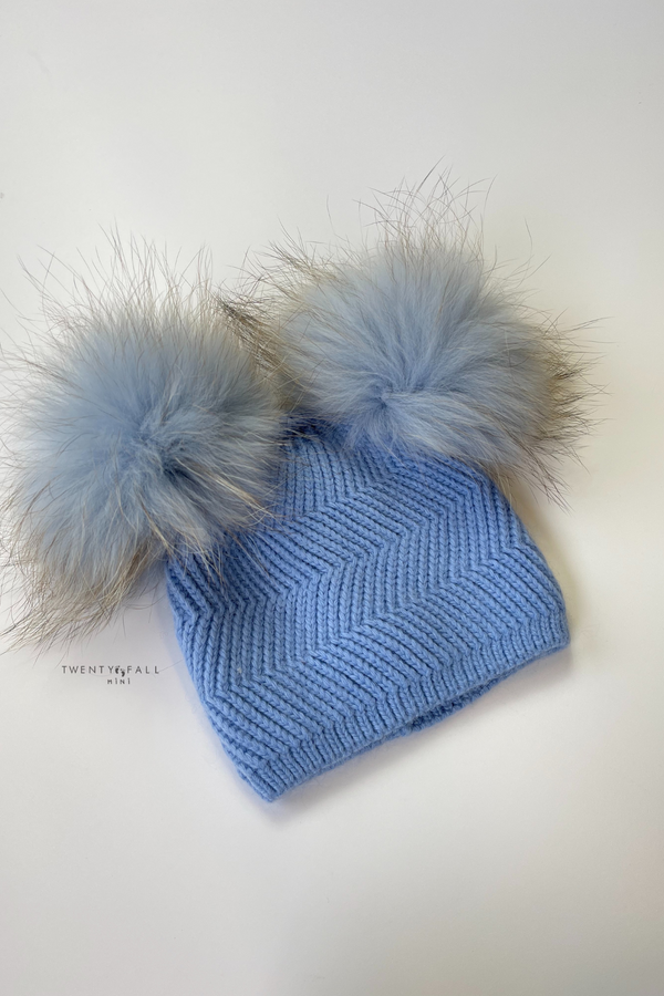 Baby Blue Double Raccoon Fur Pom Pom Hat