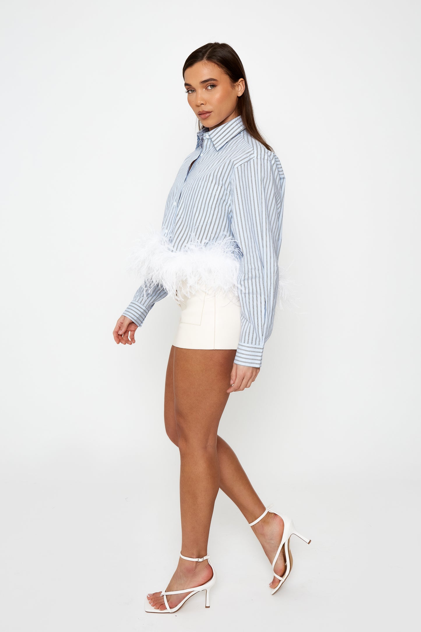 Striped Shirt with Feather Trim