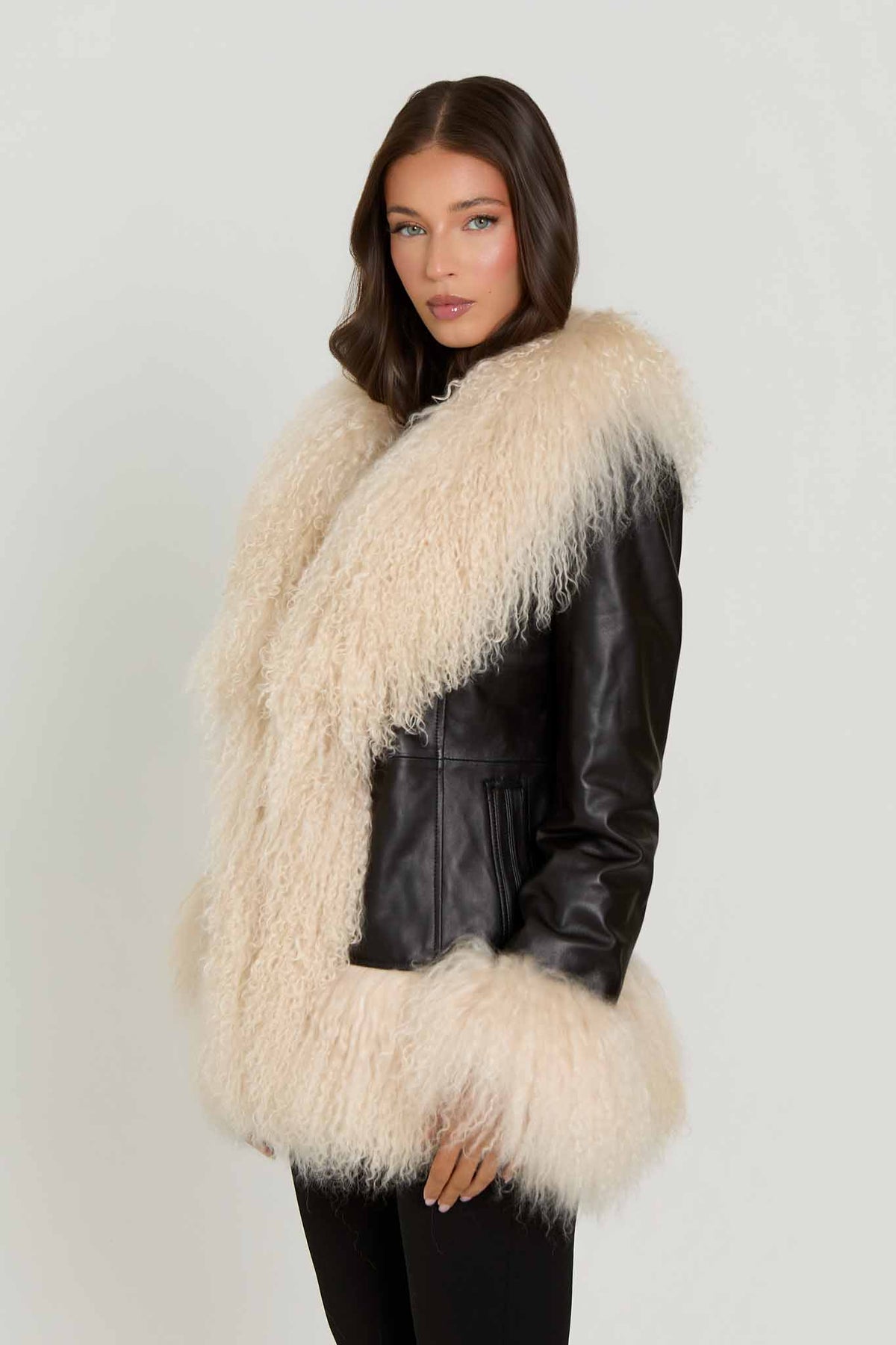 Arianna Leather Coat with Mongolian Fur Detail