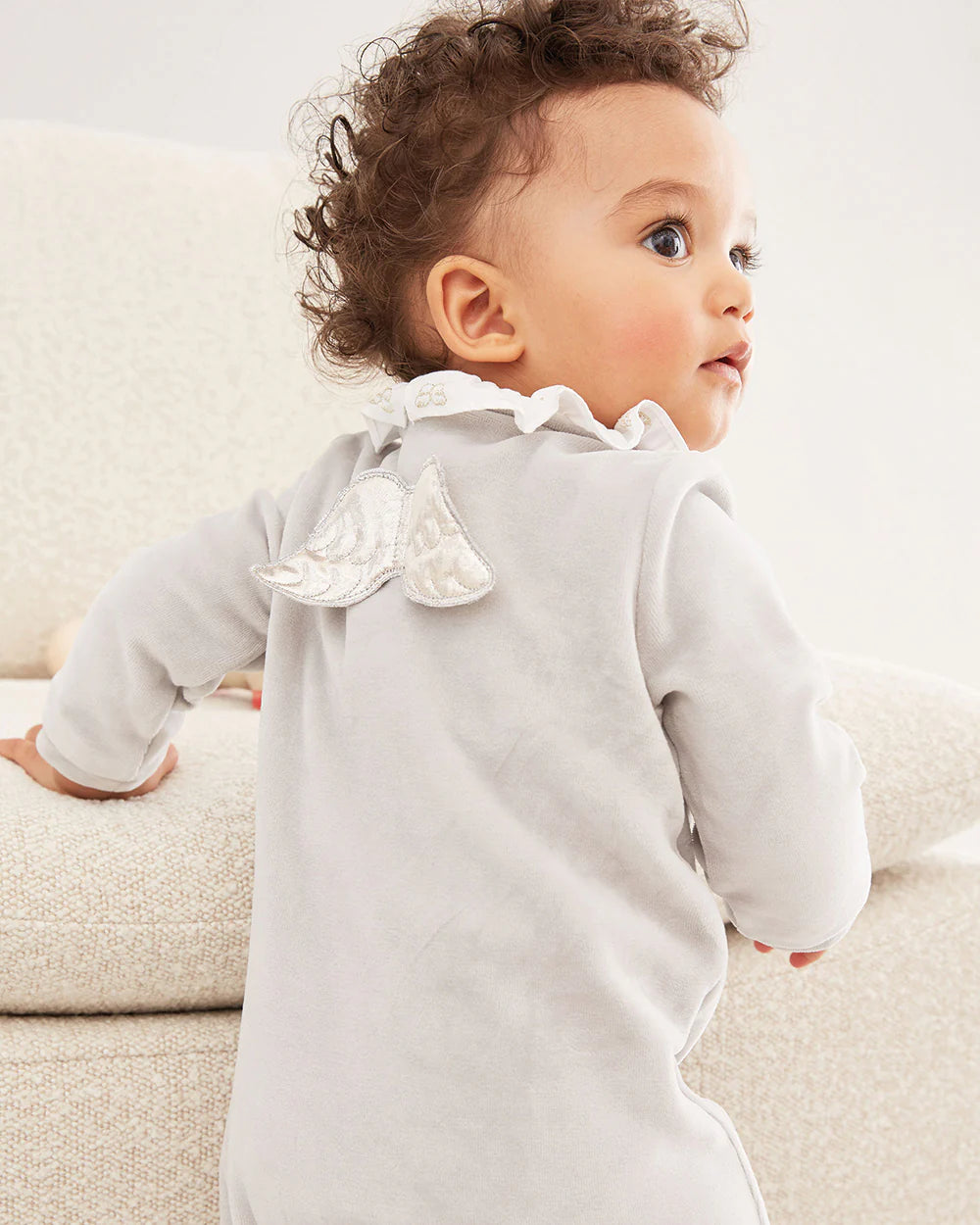 Angel Wing Silver Velour Sleepsuit in Grey