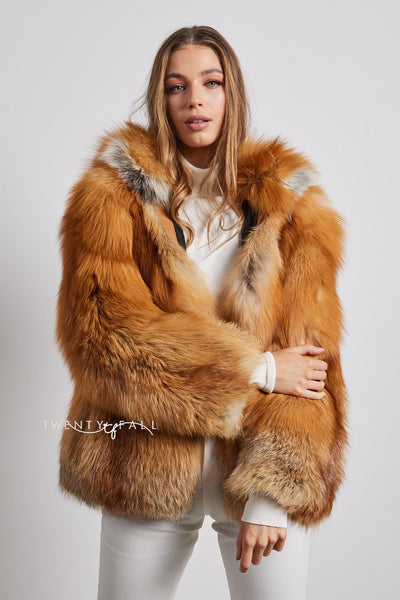 Red Fox Fur Full Pelt Coat with Hood TwentyFall