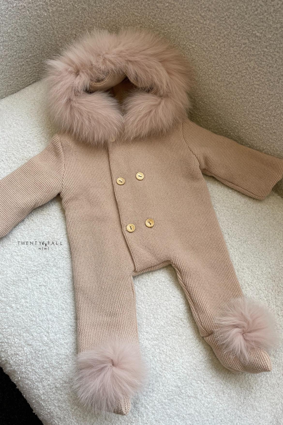 Knitted Pramsuit with Fox Fur Trim