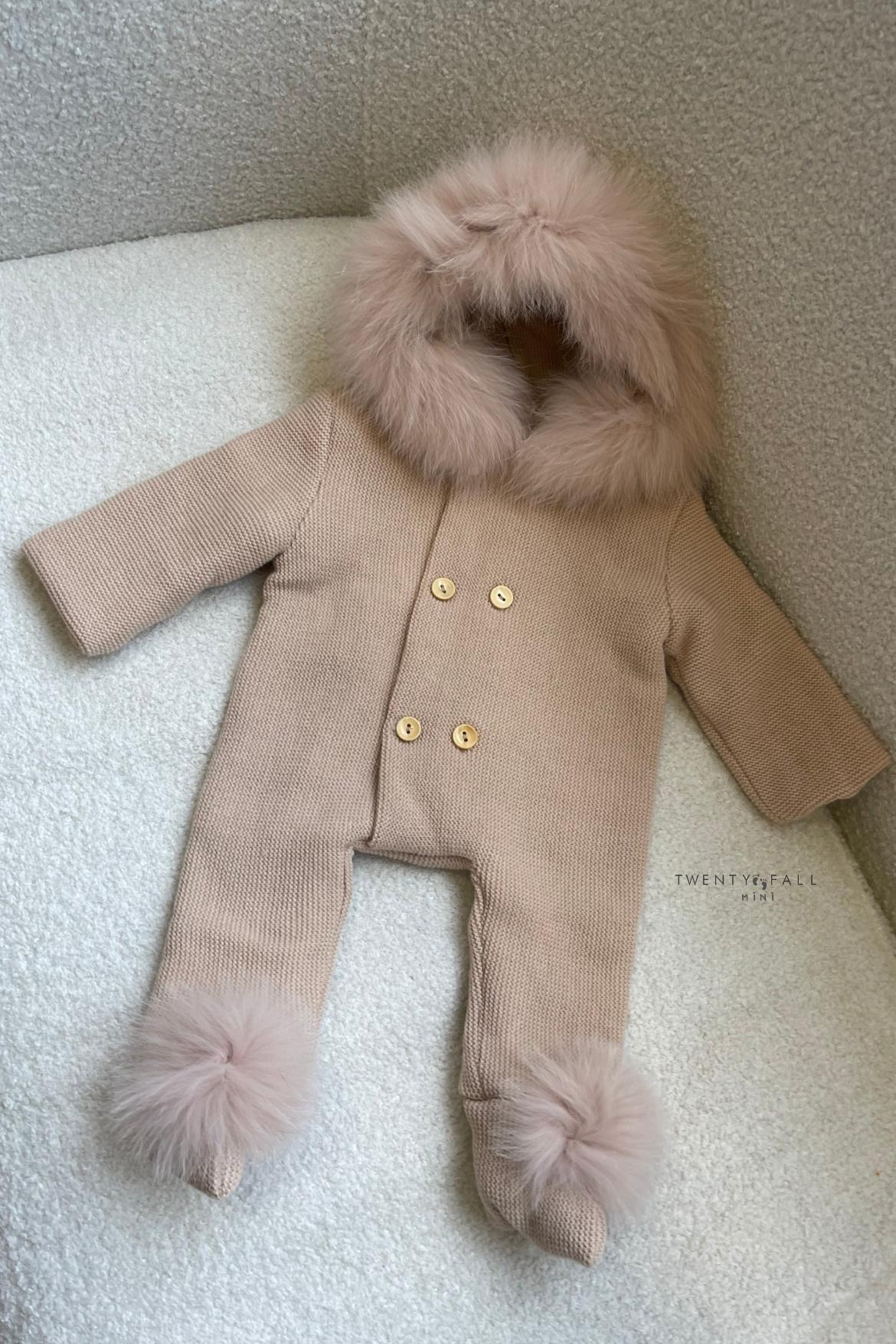 Knitted Pramsuit with Fox Fur Trim