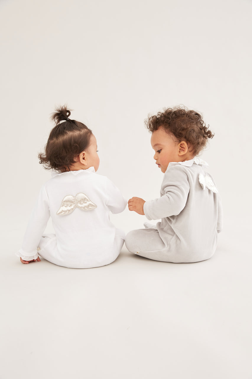 Angel Wing Silver Velour Sleepsuit in Grey