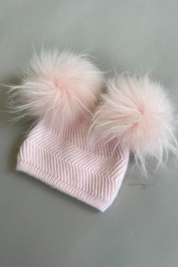 Baby Pink Double Raccoon Fur Pom Pom Hat