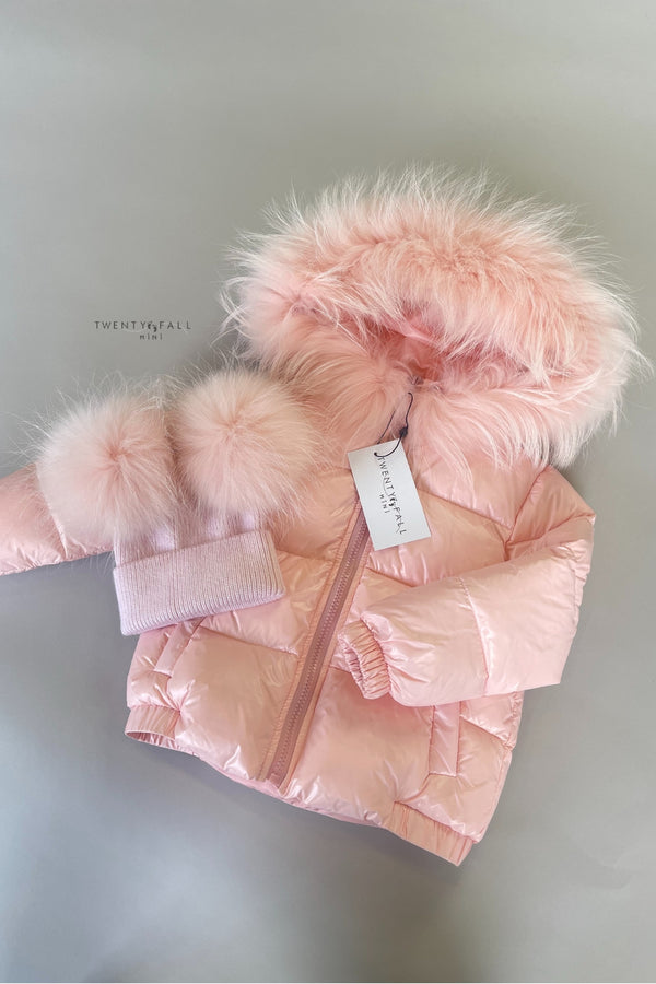 Pink Down Coat with Raccoon Fur Trim