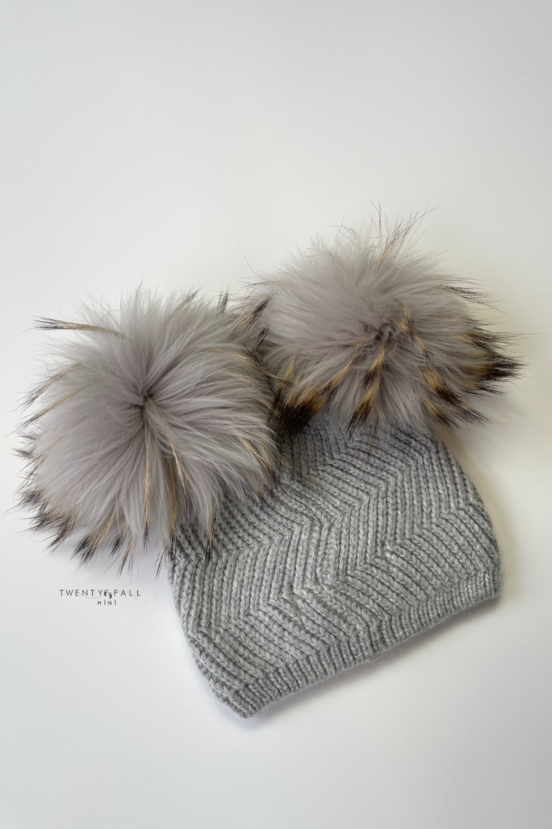 Baby Grey Double Raccoon Fur Pom Pom Hat