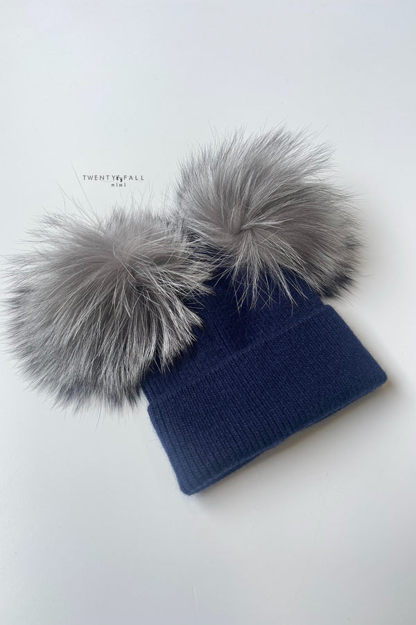 Navy Double Silver Fox Fur Pom Pom Hat