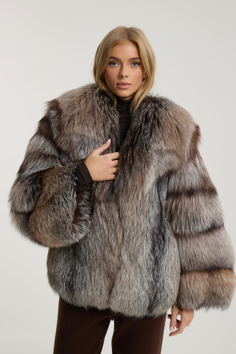 Rene Chocolate Silver Fox Fur Coat