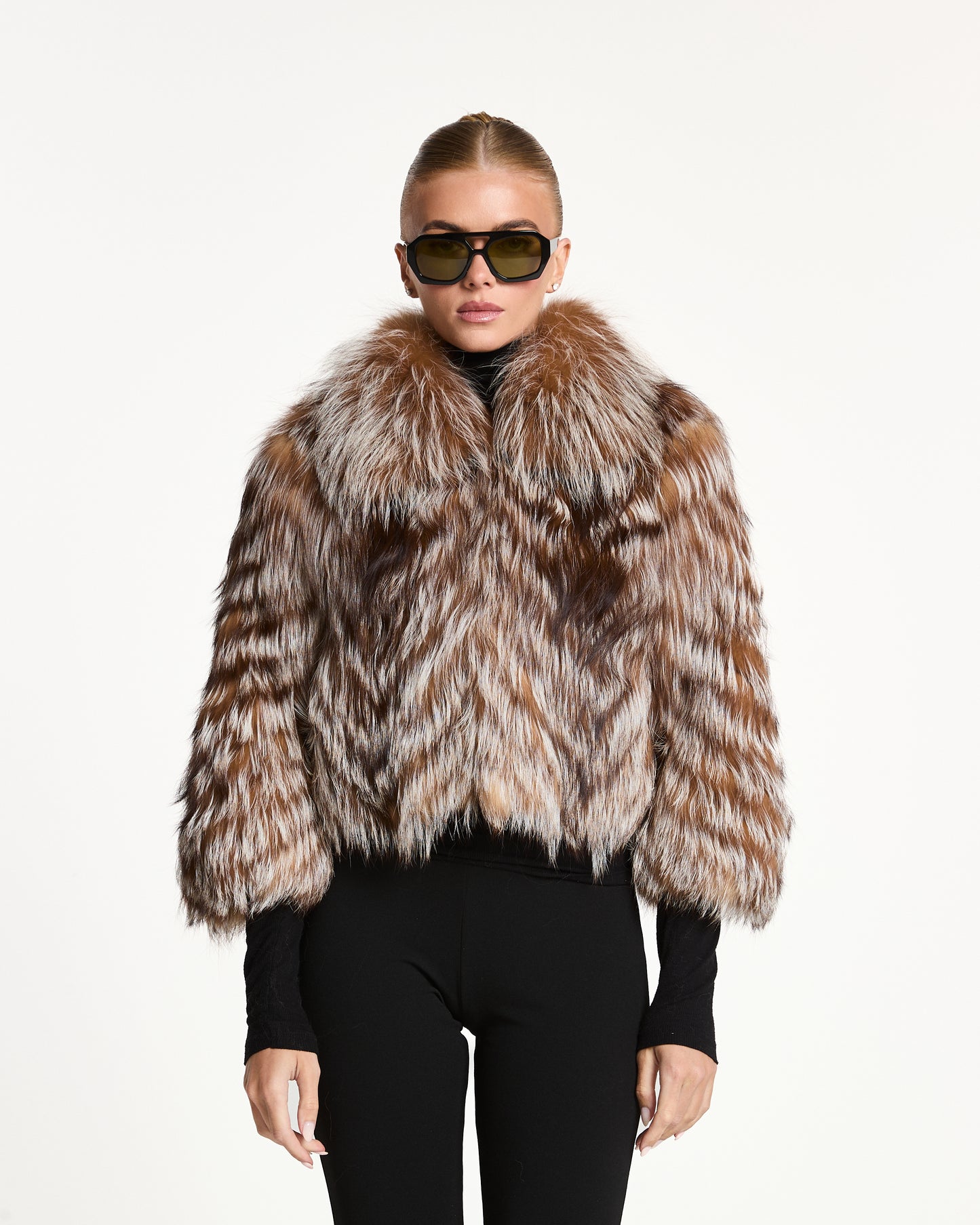 Coffee Silver Fox Fur Coat with Collar