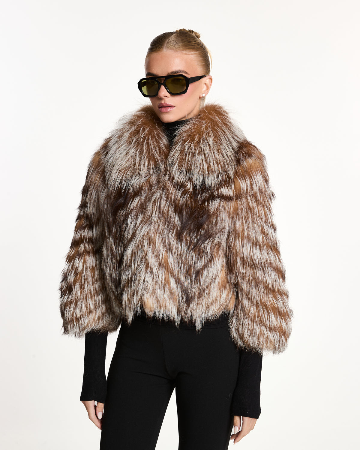 Coffee Silver Fox Fur Coat with Collar