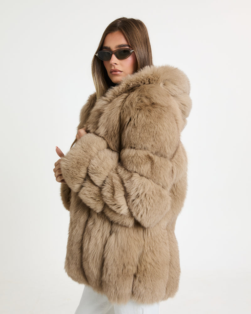 Alexa Long Fox Fur Coat with Hood