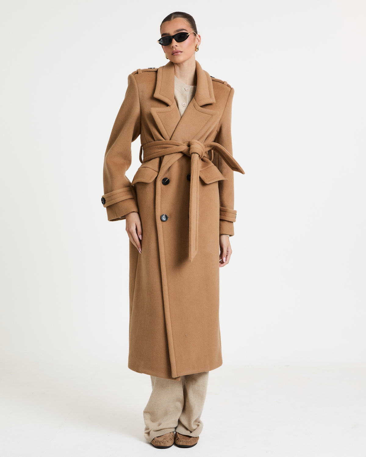 Rochelle Double Breasted Wool Coat with Belt Tie