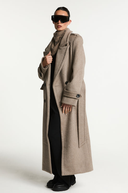 Rochelle Double Breasted Wool Coat with Belt Tie