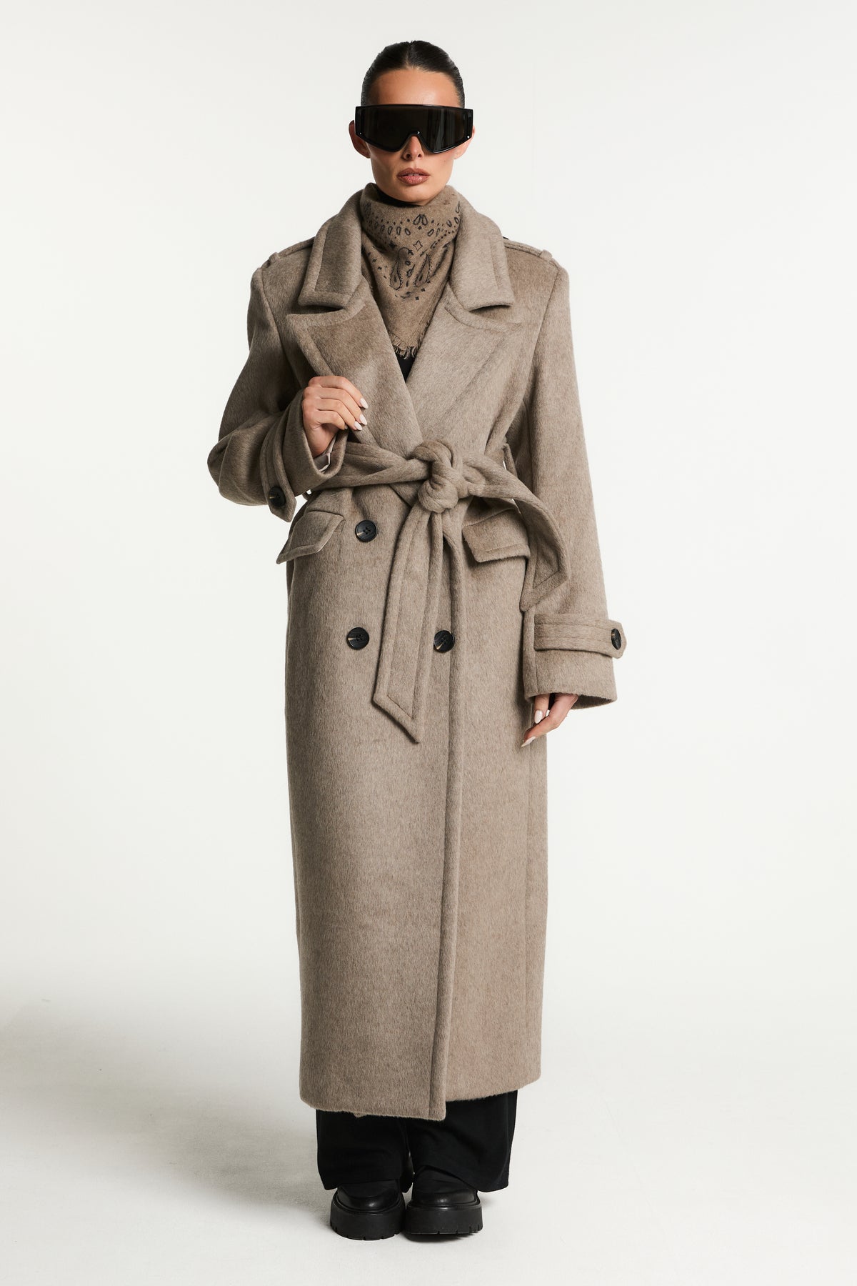 Rochelle Double Breasted Wool Coat with Belt Tie