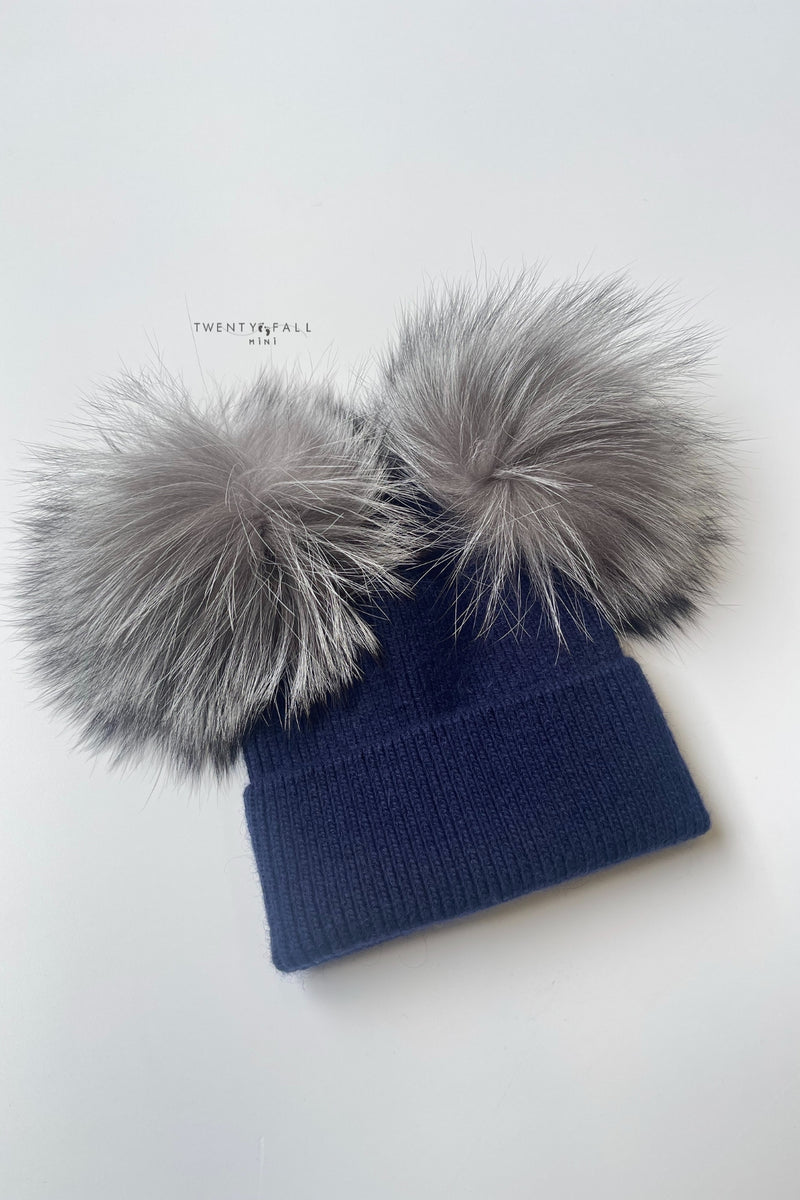 Navy Double Silver Fox Fur Pom Pom Hat