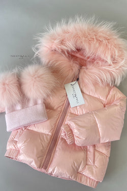 Pink Down Coat with Raccoon Fur Trim