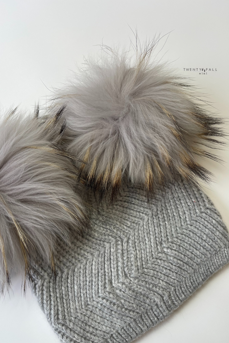 Baby Grey Double Raccoon Fur Pom Pom Hat