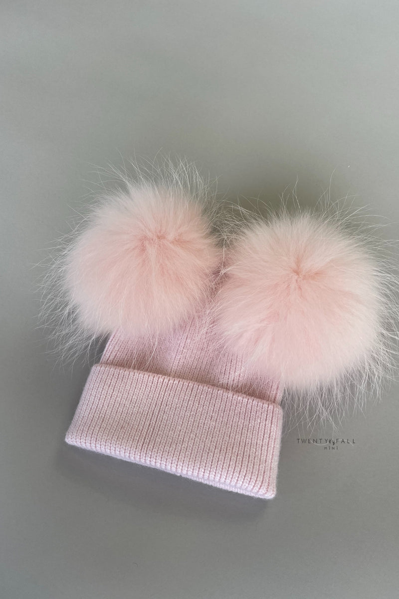 Pink Double Raccoon Fur Pom Pom Hat
