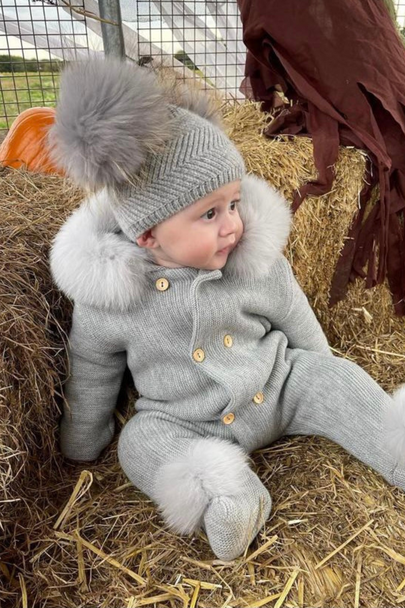 Baby Grey Double Raccoon Fur Pom Pom Hat TwentyFall