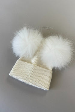 Cream Double Raccoon Fur Pom Pom Hat