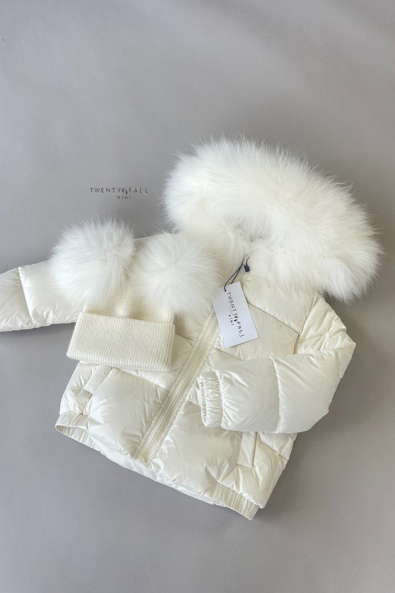 White Down Coat with Raccoon Fur Trim