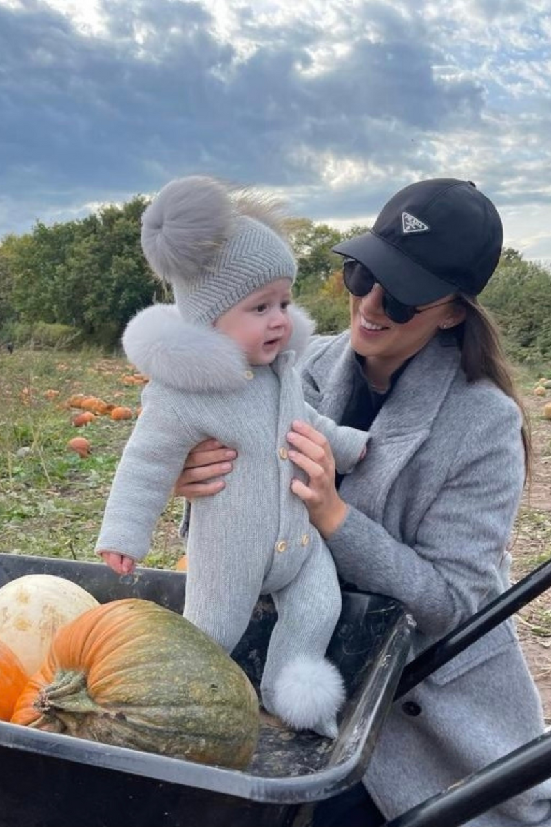 Baby Grey Double Raccoon Fur Pom Pom Hat