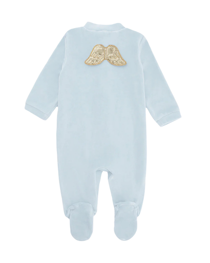 Angel Wing Gold Velour Sleepsuit in Dusty Blue