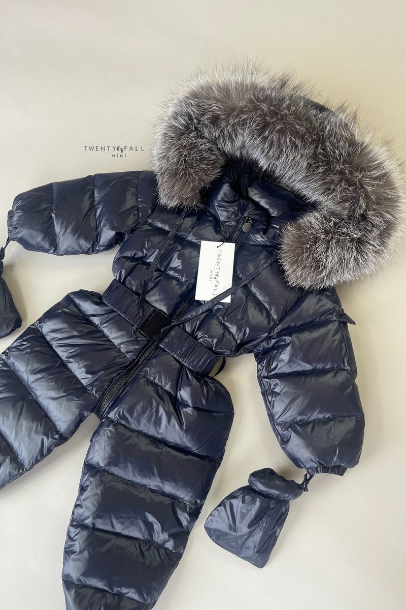 Navy Snowsuit with Silver Fox Fur Trim