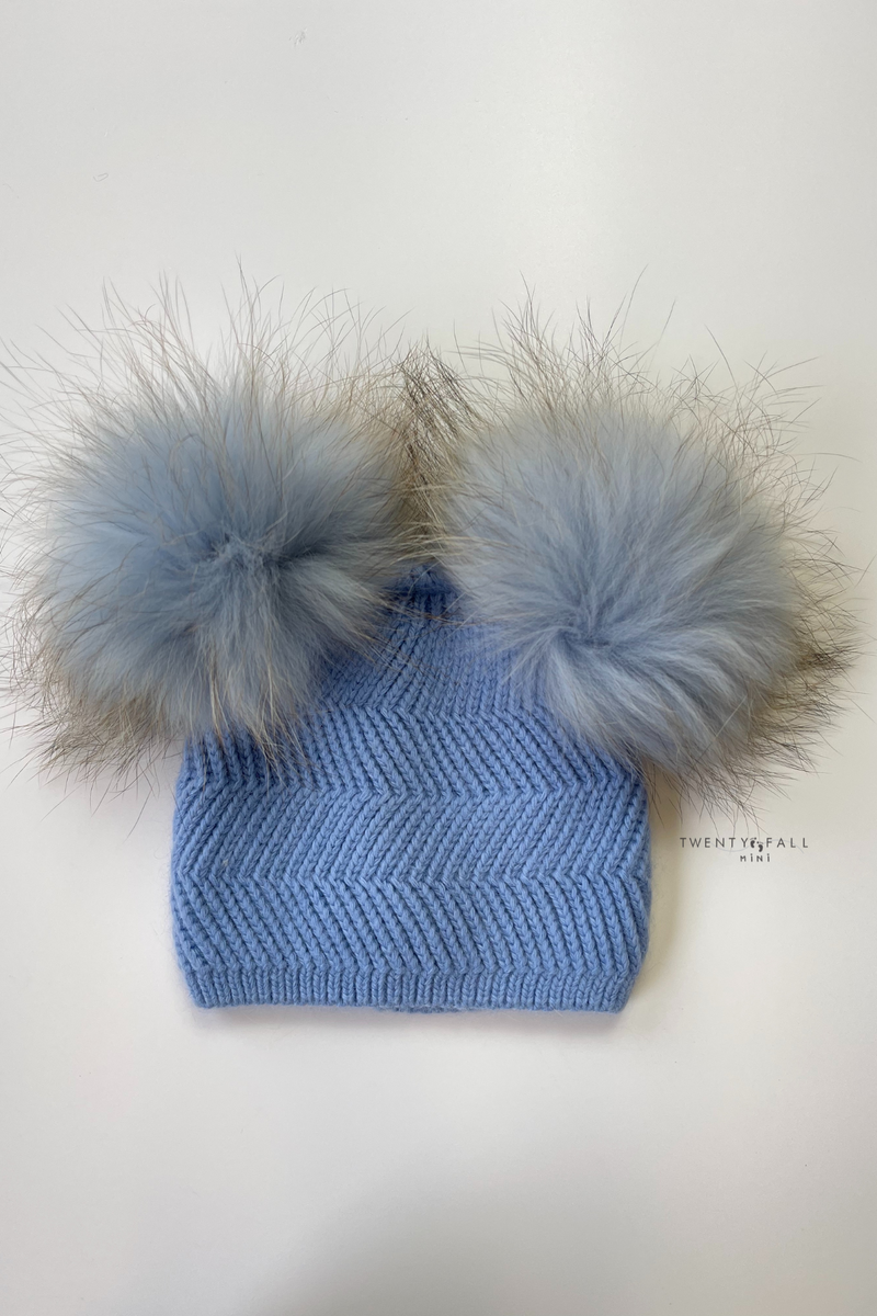 Baby Blue Double Raccoon Fur Pom Pom Hat