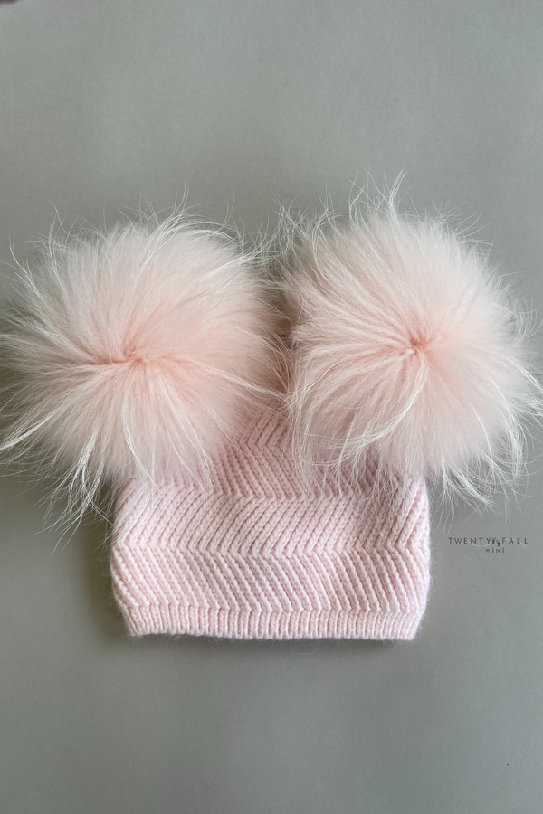 Baby Pink Double Raccoon Fur Pom Pom Hat
