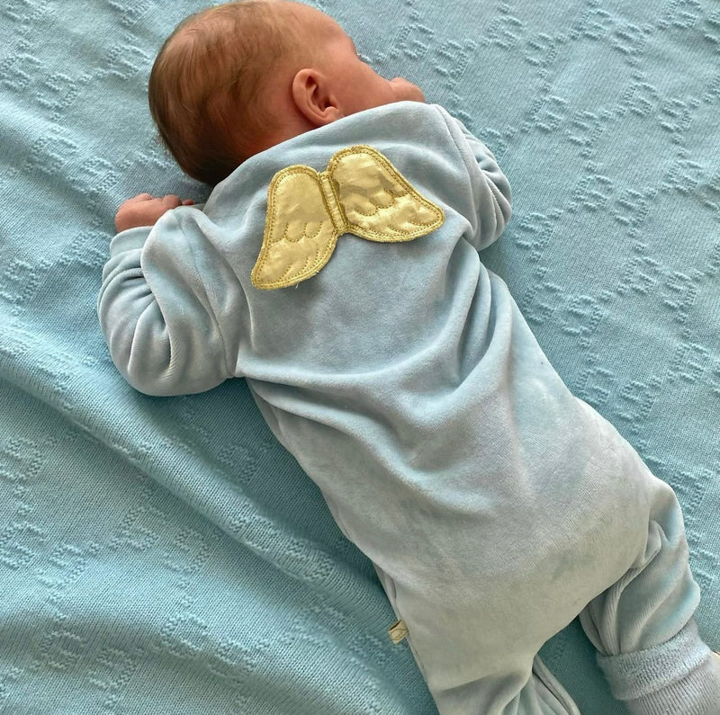 Angel Wing Gold Velour Sleepsuit in Dusty Blue