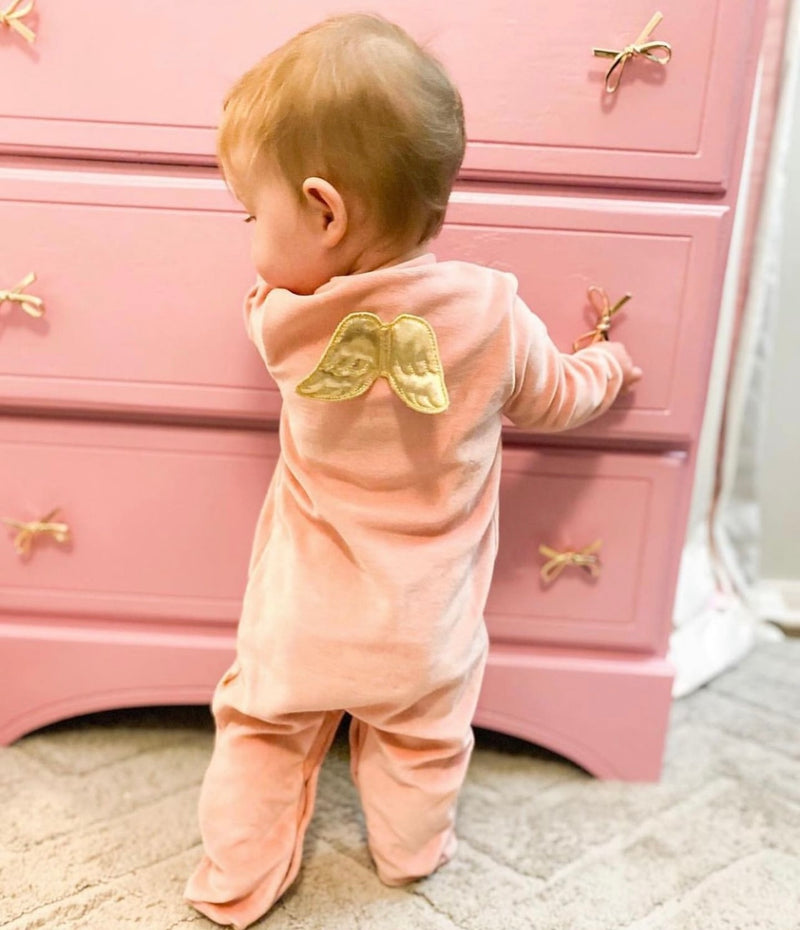 Angel Wing Gold Velour Sleepsuit in Dusty Pink