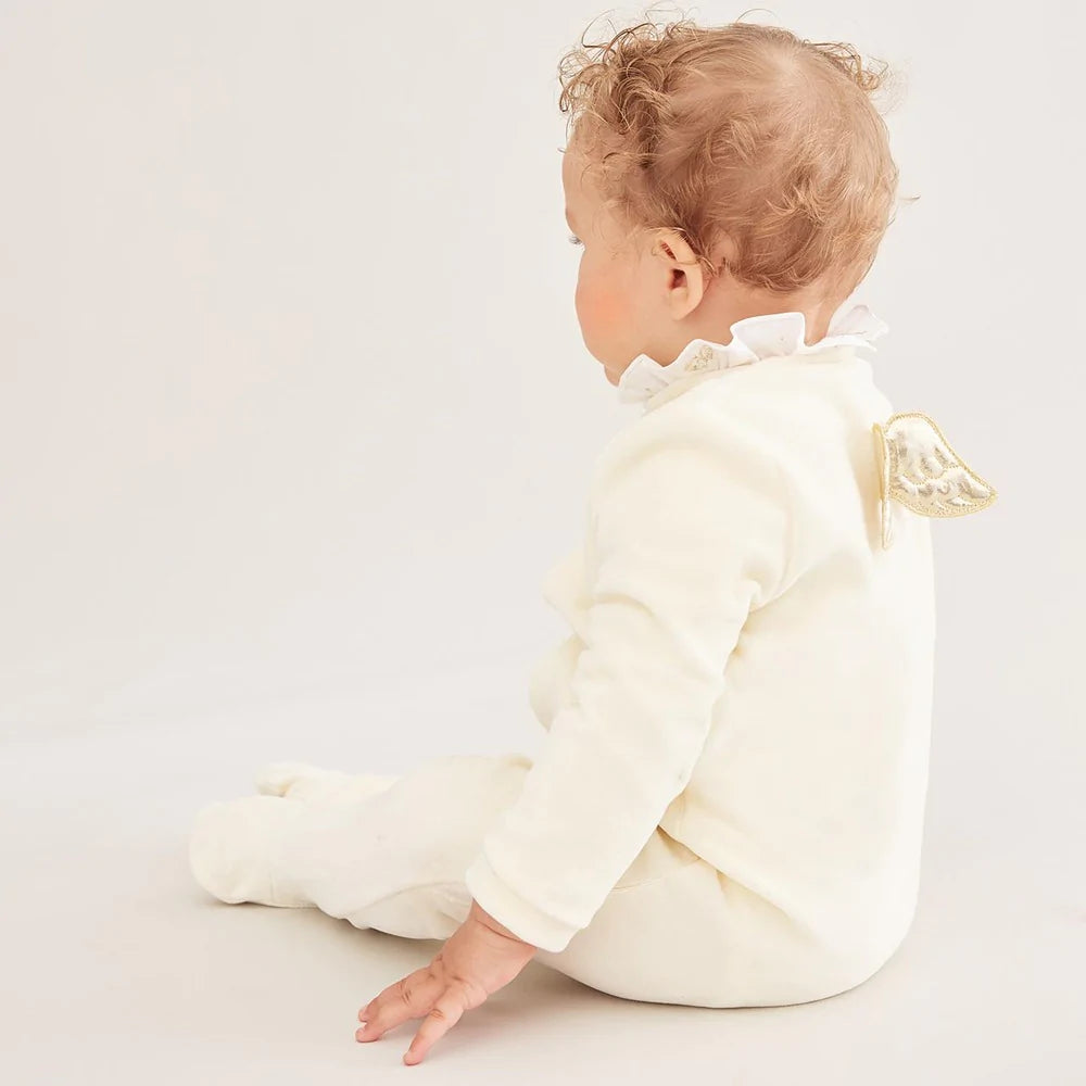 Angel Wing Gold Velour Sleepsuit in Cream