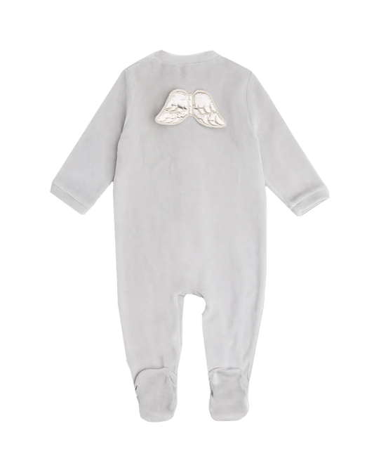 Angel Wing Silver Velour Sleepsuit in Grey