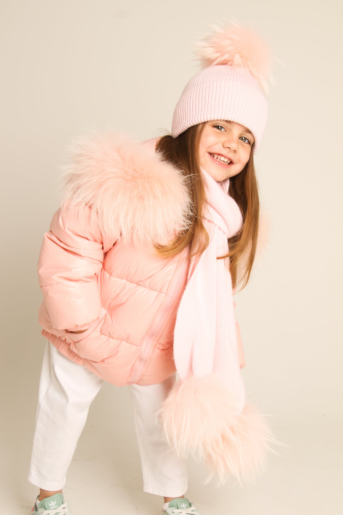 Pink Down Coat with Raccoon Fur Trim