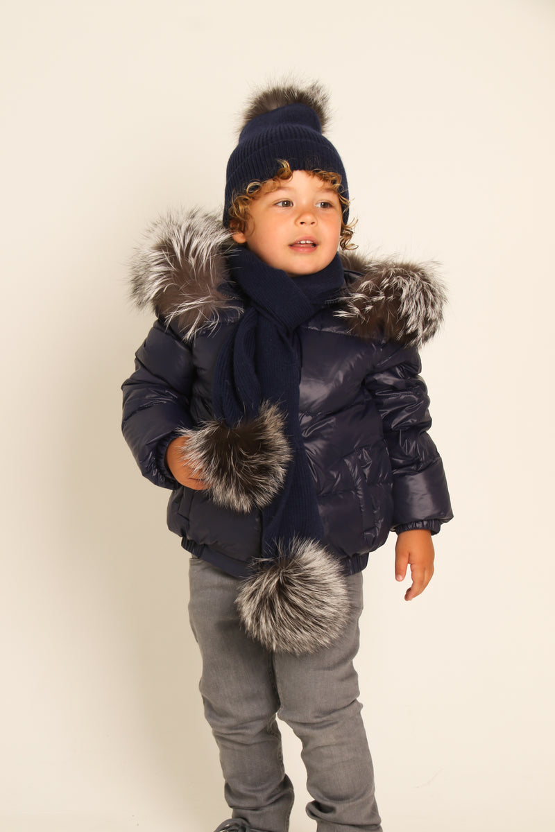 Navy Down Coat with Silver Fox Fur Trim – TwentyFall