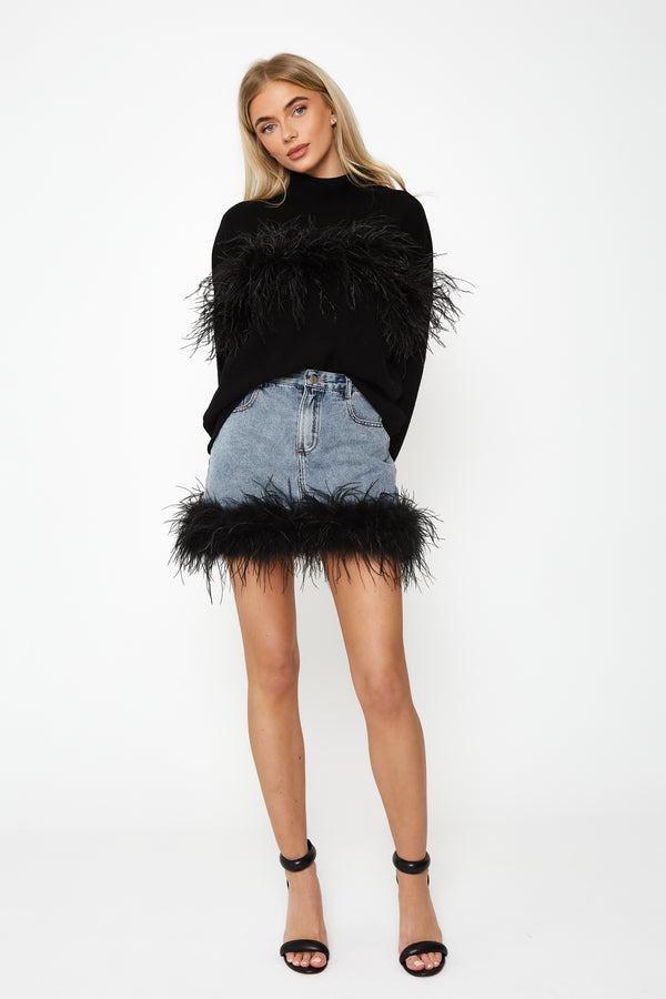 Denim Skirt with Feather Trim
