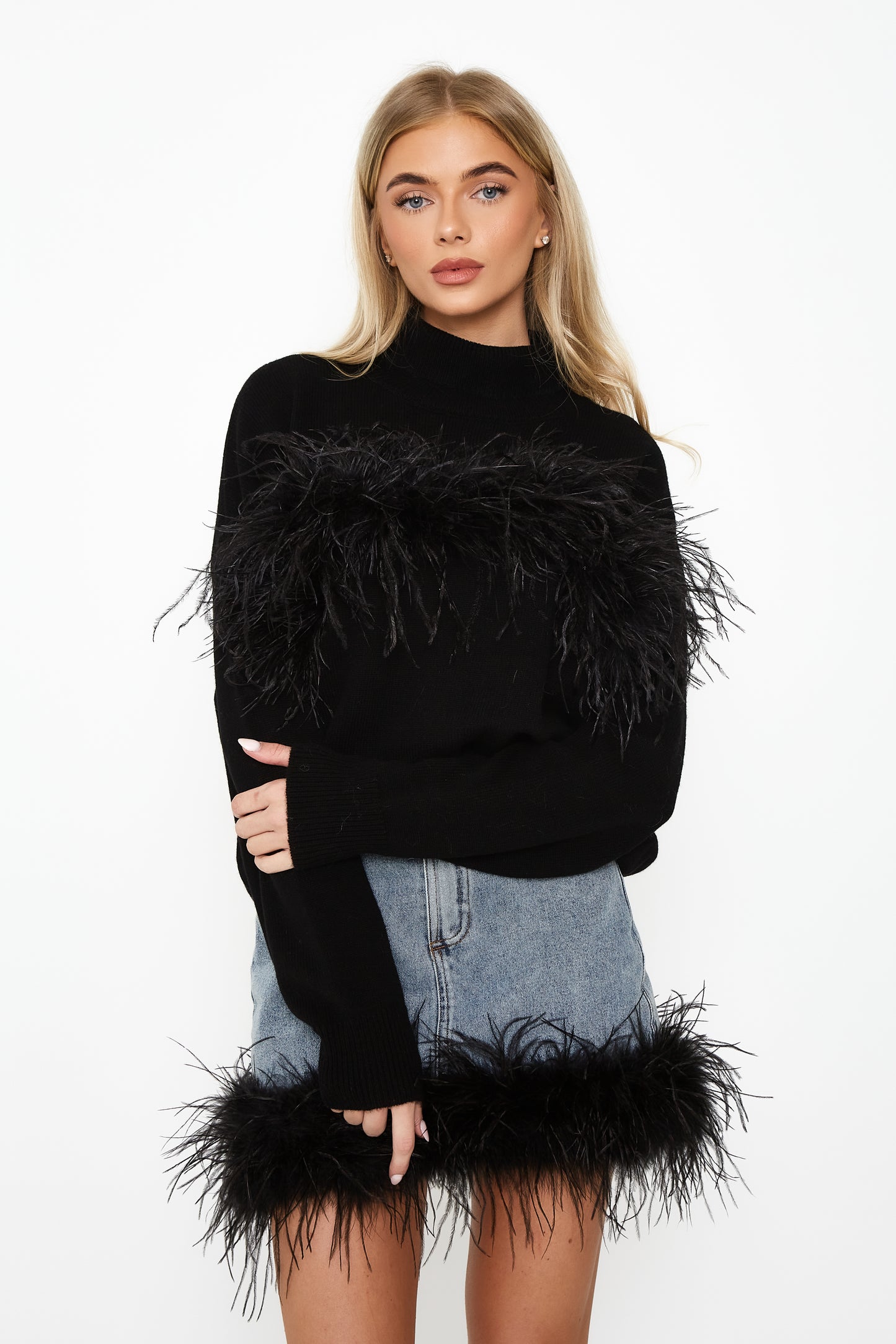 Denim Skirt with Feather Trim