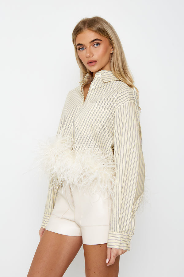 Striped Shirt with Feather Trim