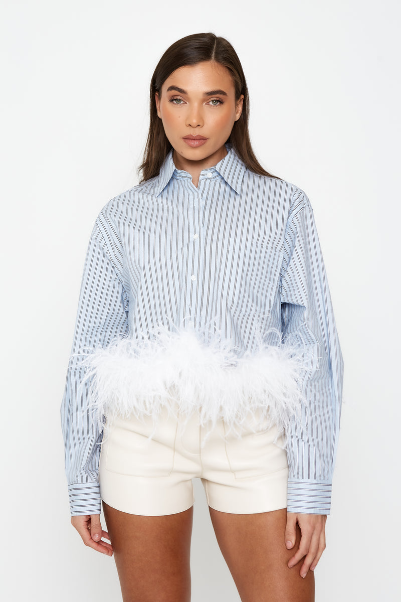 Striped Shirt with Feather Trim