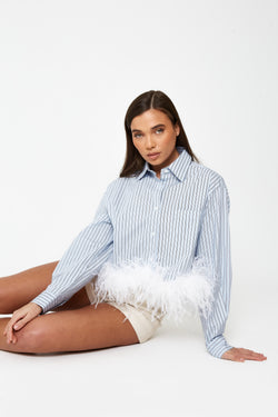 Striped Shirt with Feather Trim