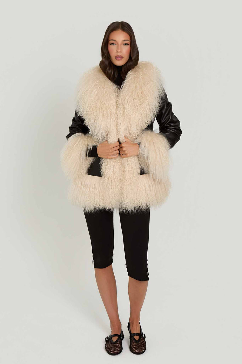 Arianna Leather Coat with Mongolian Fur Detail