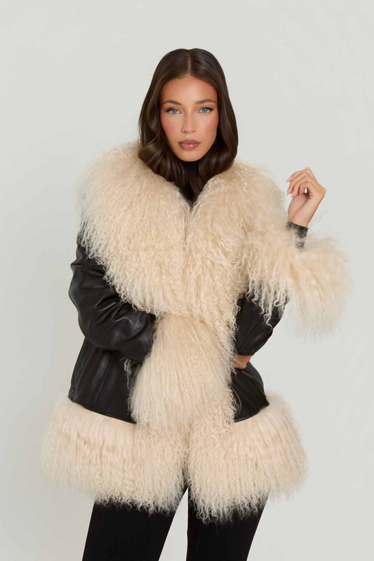 Arianna Leather Coat with Mongolian Fur Detail