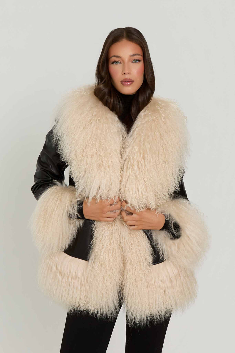 Arianna Leather Coat with Mongolian Fur Detail